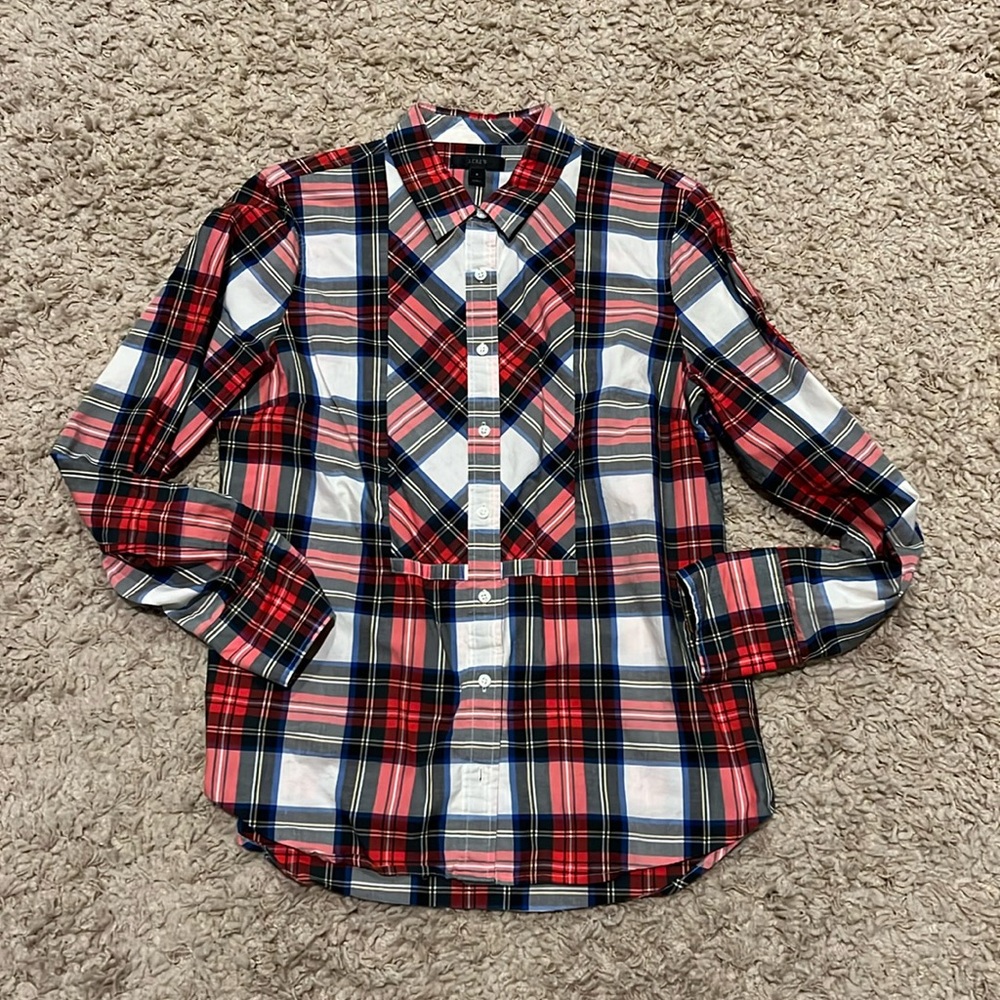 J Crew Women's Long Sleeve Button Down Shirt Red, Cream, Black Plaid 8